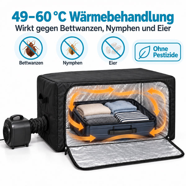 BugShield Heizzelt mit Koffer im Innenraum – 49–60 °C Wärmebehandlung gegen Bettwanzen, Nymphen und Eier, ohne Pestizide