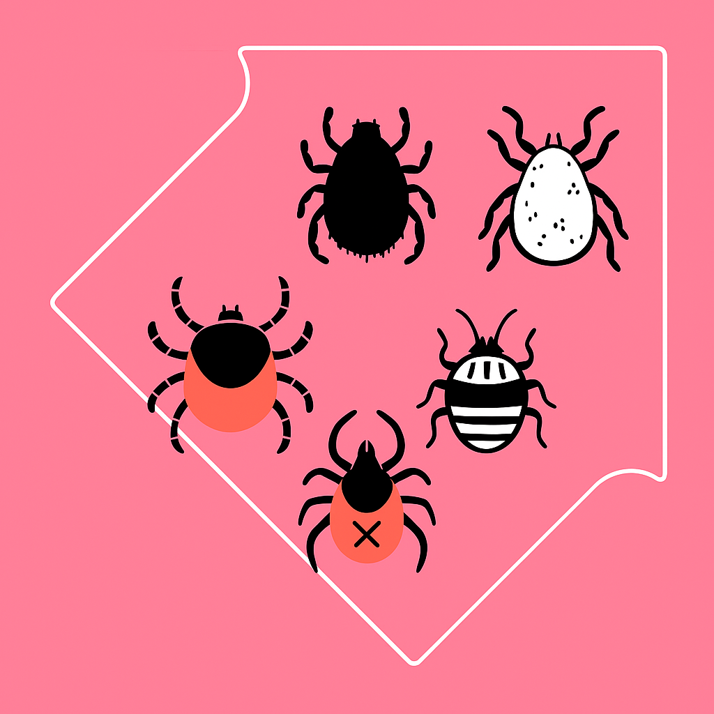 Grafik mit fünf verschiedenen Milbenarten – Krätzmilbe, Mehlmilbe, Grasmilbe, Spinnmilbe und Vogelmilbe – stilisiert auf pinkem Hintergrund