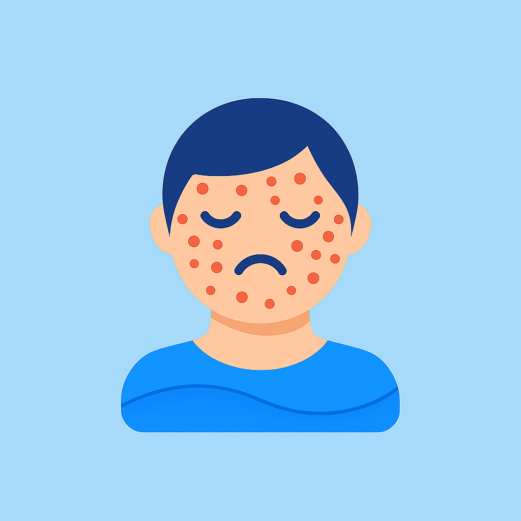 Illustration einer Person mit gereizter Haut und roten Flecken im Gesicht, die traurig blickt – Symbolbild für Hautirritationen durch Hausstaubmilben.