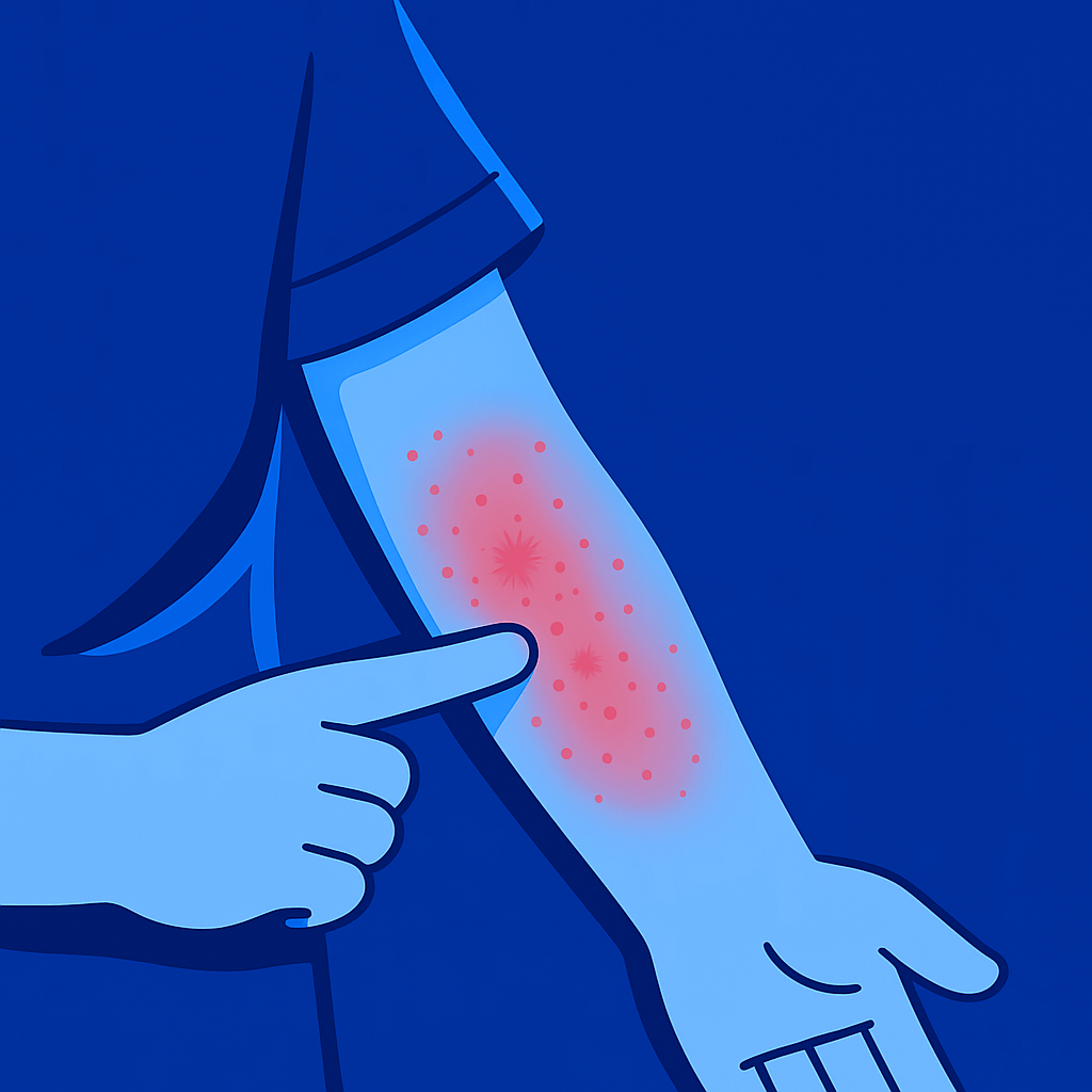 Eine Person zeigt auf ihren Unterarm, der mit roten, juckenden Hautausschlägen bedeckt ist – symbolische Darstellung einer Neurodermitis oder allergischen Hautreaktion.