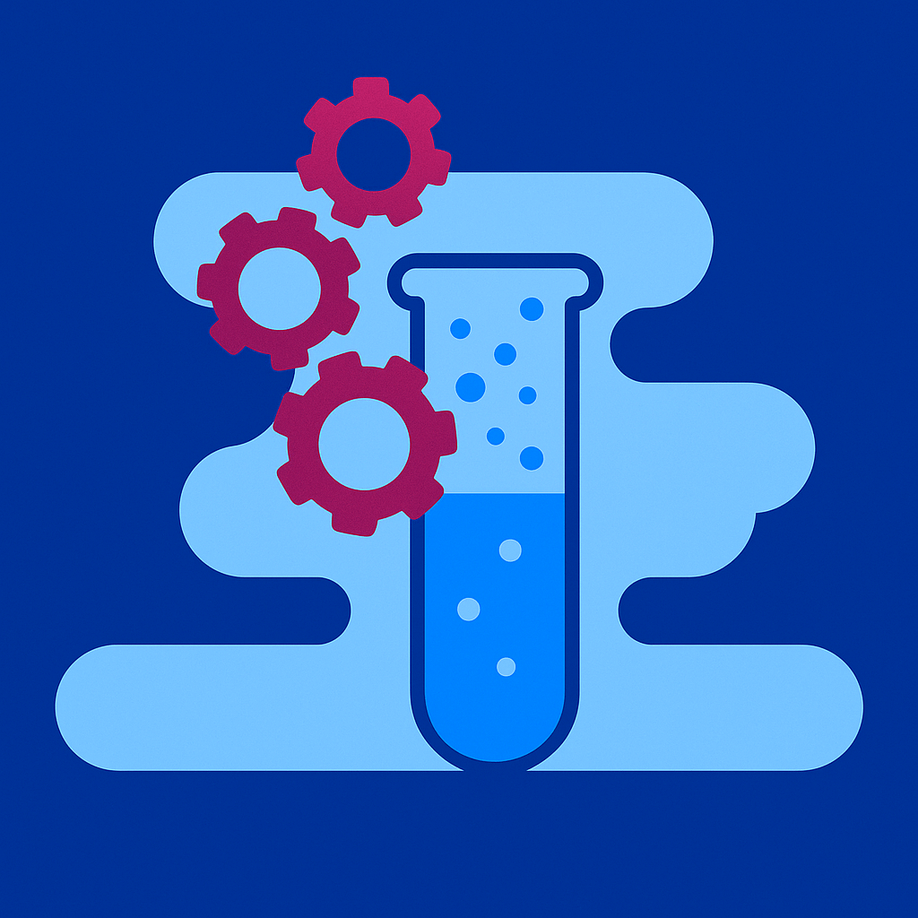 Illustration eines Reagenzglases mit Zahnrädern, Symbol für Hausstaubmilben-Tests und Laboranalysen zur Erkennung von Allergien.