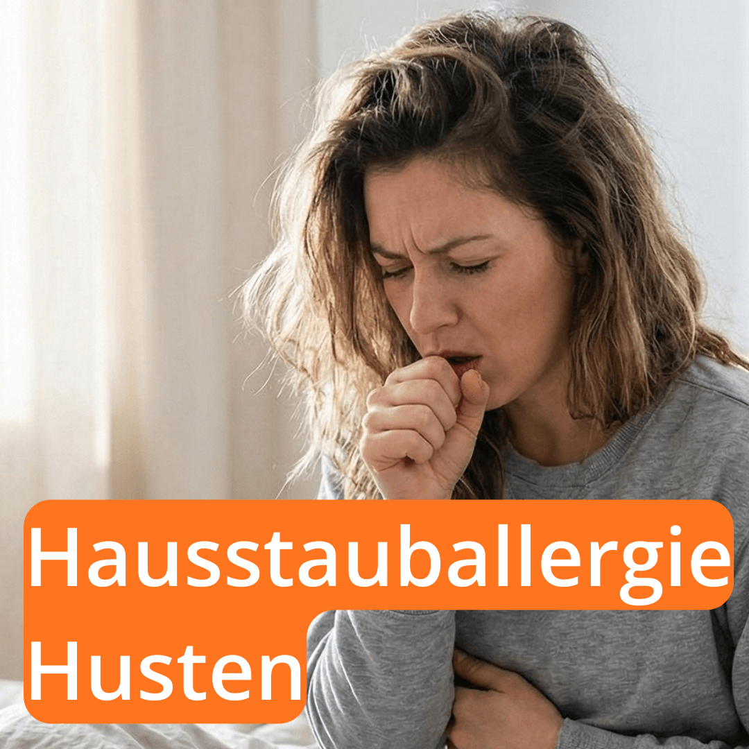 Frau hustet im Bett bei Hausstauballergie –  nächtlicher Husten als Symptom einer Milbenallergie