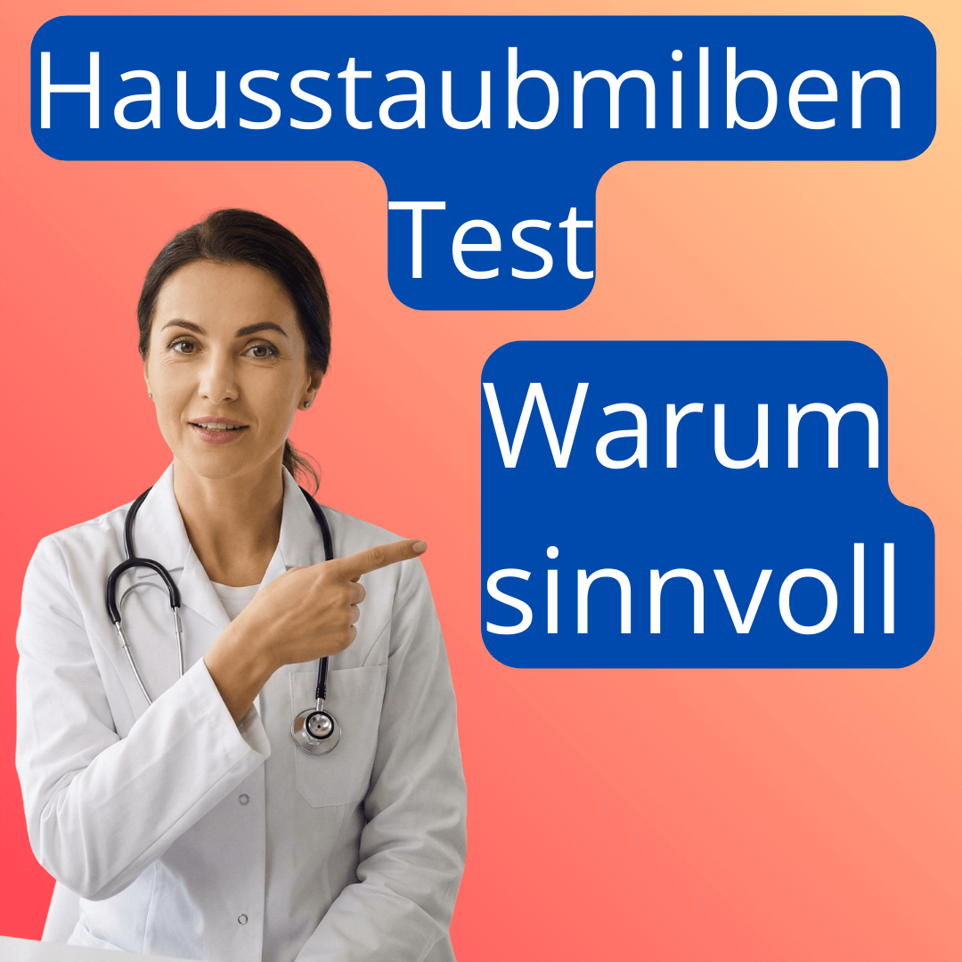 Ärztin in Praxis zeigt erklärend auf Text zum Hausstaubmilben-Test und warum ein Allergietest sinnvoll ist.