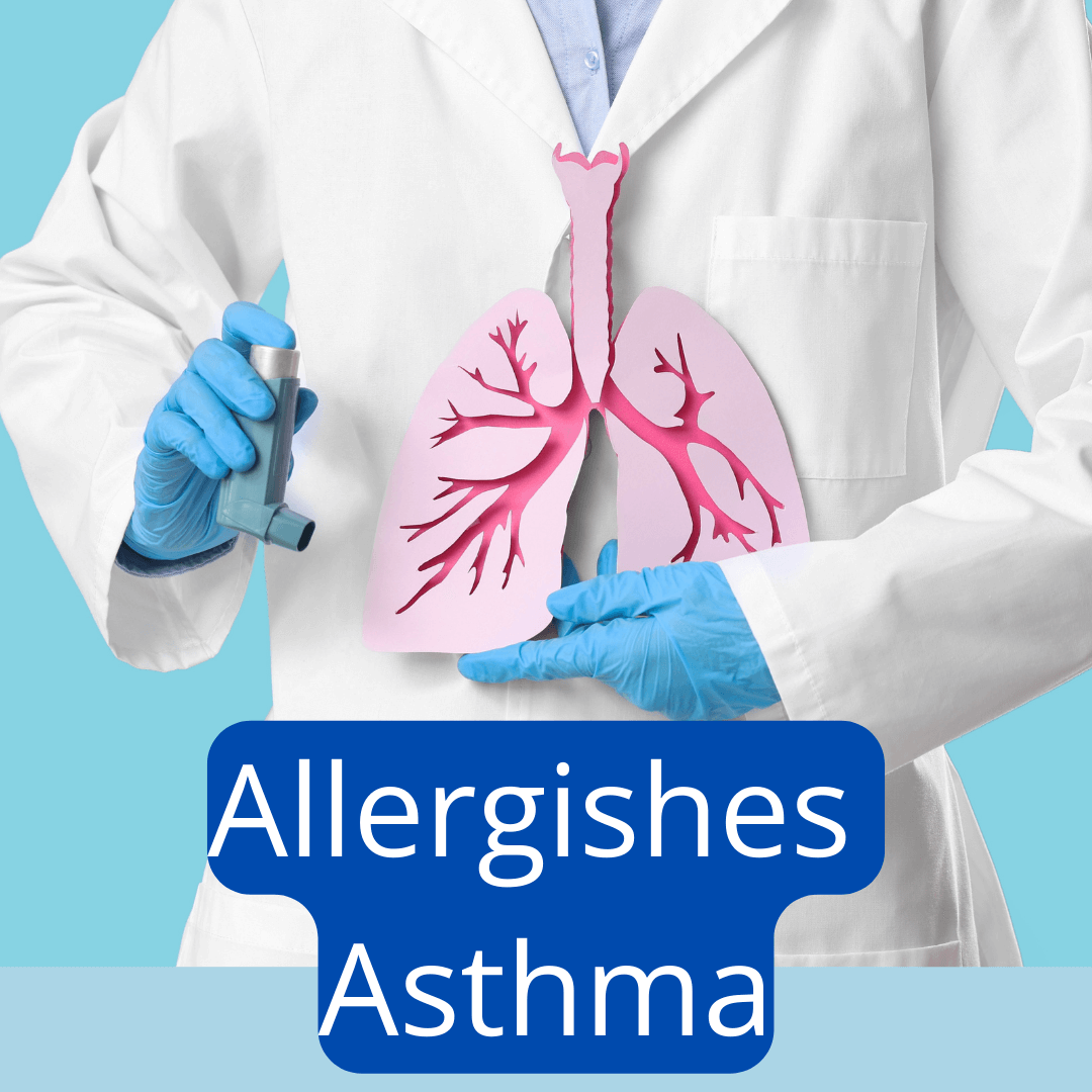 Arzt mit Inhalator in der Hand und grafischer Darstellung der Lunge – Symbolbild für allergisches Asthma, Symptome und Behandlung mit Asthmaspray