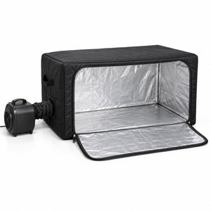BugShield Heizzelt geöffnet mit reflektierender Innenseite und angeschlossenem Heizgebläse
