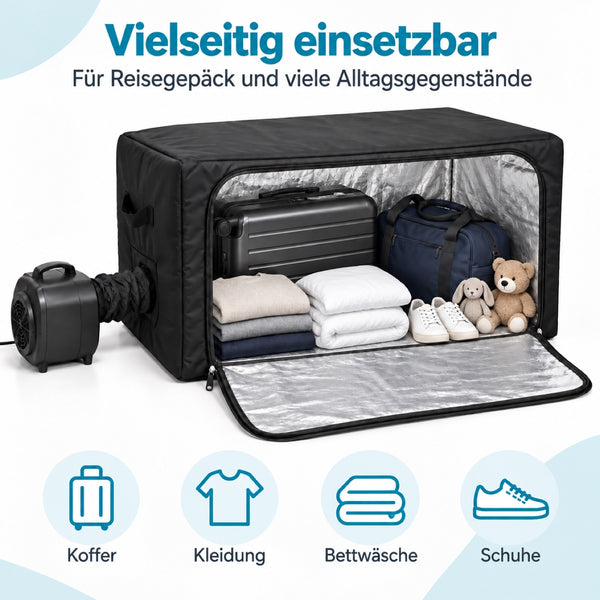 BugShield Heizzelt gefüllt mit Koffer, Reisetasche, Kleidung, Bettwäsche, Schuhen und Kuscheltieren