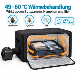 BugShield Heizzelt mit Koffer im Innenraum – 49–60 °C Wärmebehandlung gegen Bettwanzen, Nymphen und Eier, ohne Pestizide